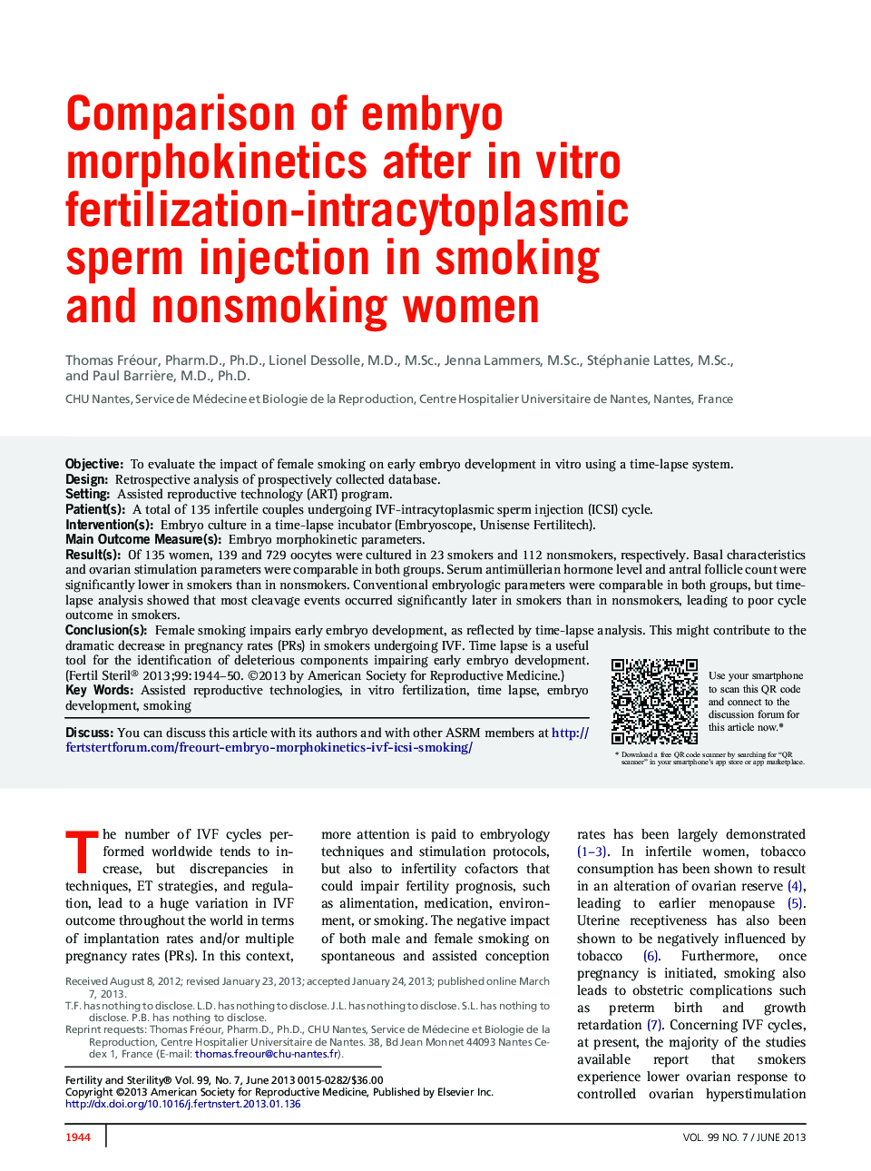 Comparison of embryo morphokinetics after inÂ vitro fertilization-intracytoplasmic spermÂ injection in smoking andÂ nonsmoking women