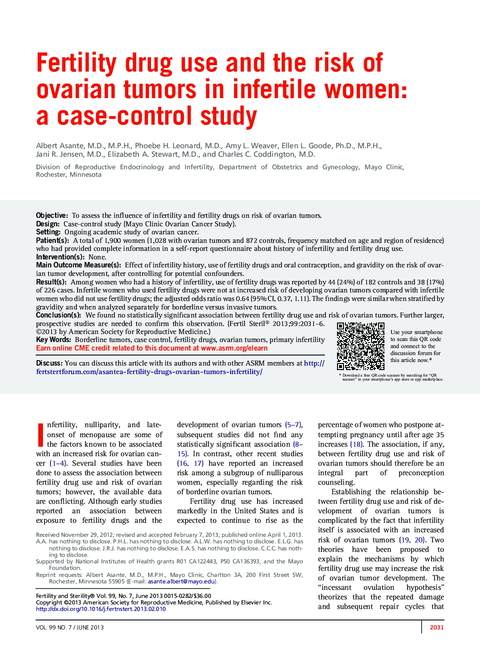 Fertility drug use and the risk of ovarian tumors in infertile women: a case-control study