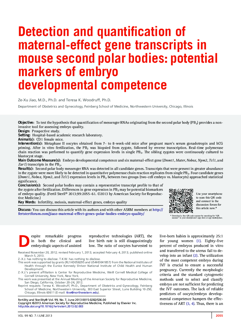 تشخیص و اندازه گیری رونوشت های ژنی اثر مادر در موش های قطبی دوم موش: نشانگرهای بالقوه صلاحیت رشد جنین 