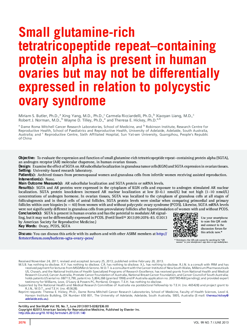 Small glutamine-rich tetratricopeptide repeat-containing protein alpha is present in human ovaries but may not be differentially expressed in relation to polycystic ovary syndrome