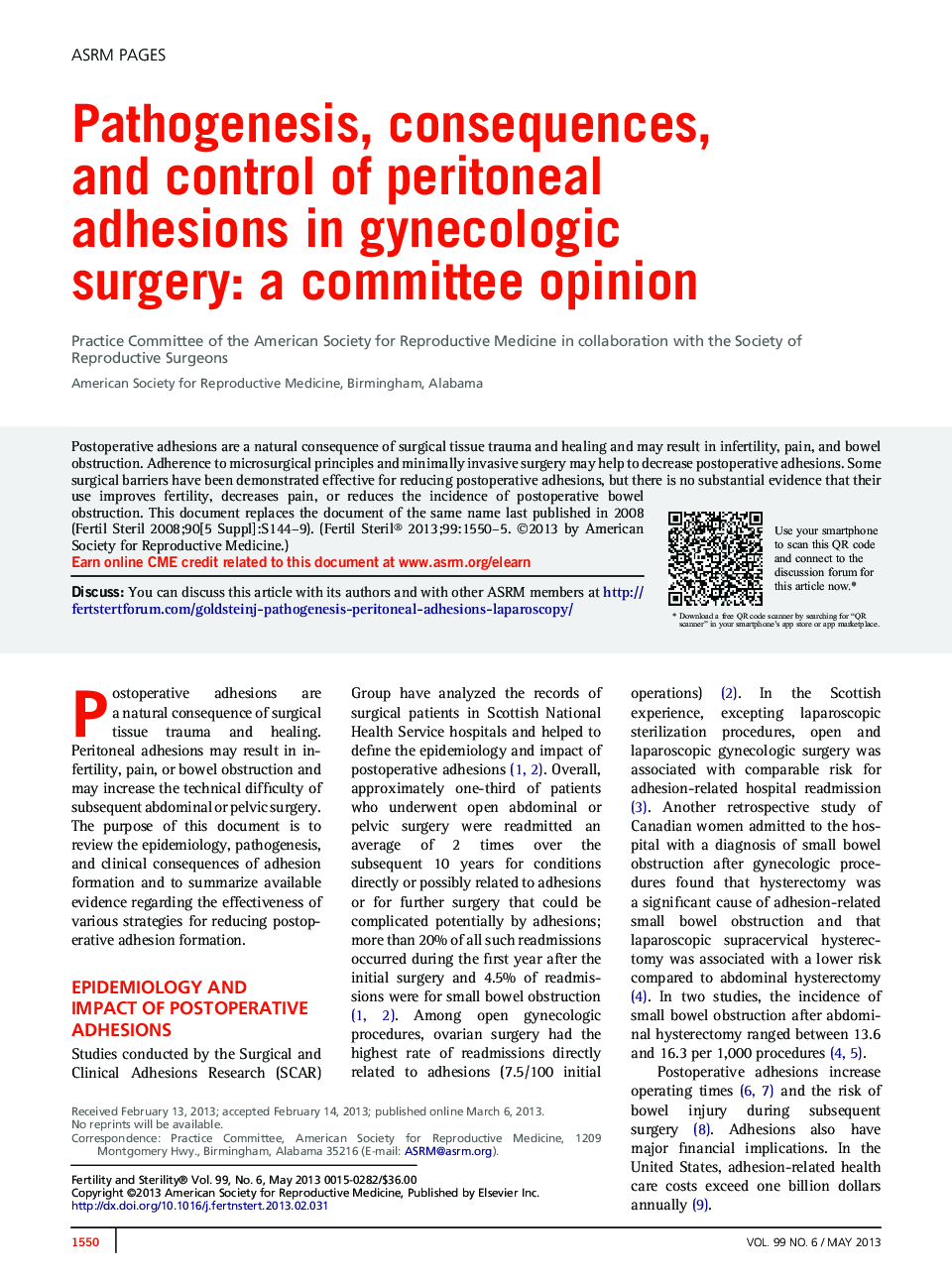 Pathogenesis, consequences, and control of peritoneal adhesions in gynecologic surgery: a committee opinion