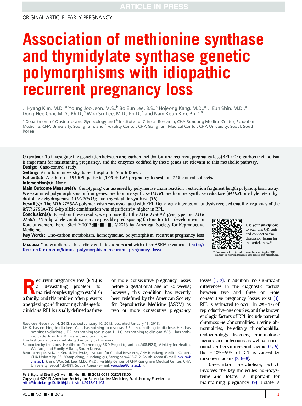 Association of methionine synthase and thymidylate synthase genetic polymorphisms with idiopathic recurrent pregnancy loss