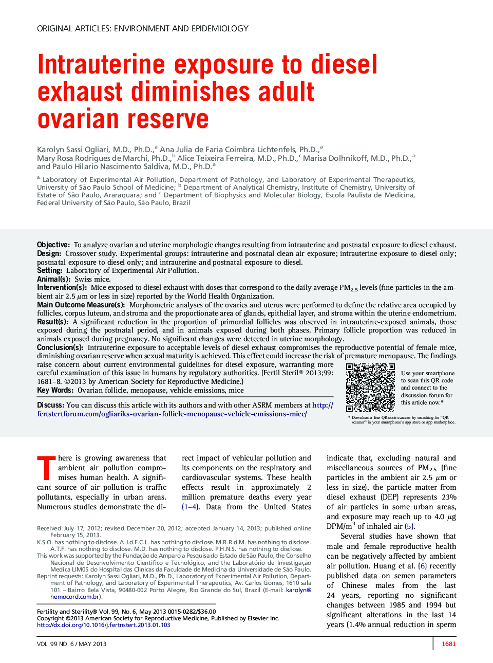 Intrauterine exposure to diesel exhaust diminishes adult ovarian reserve