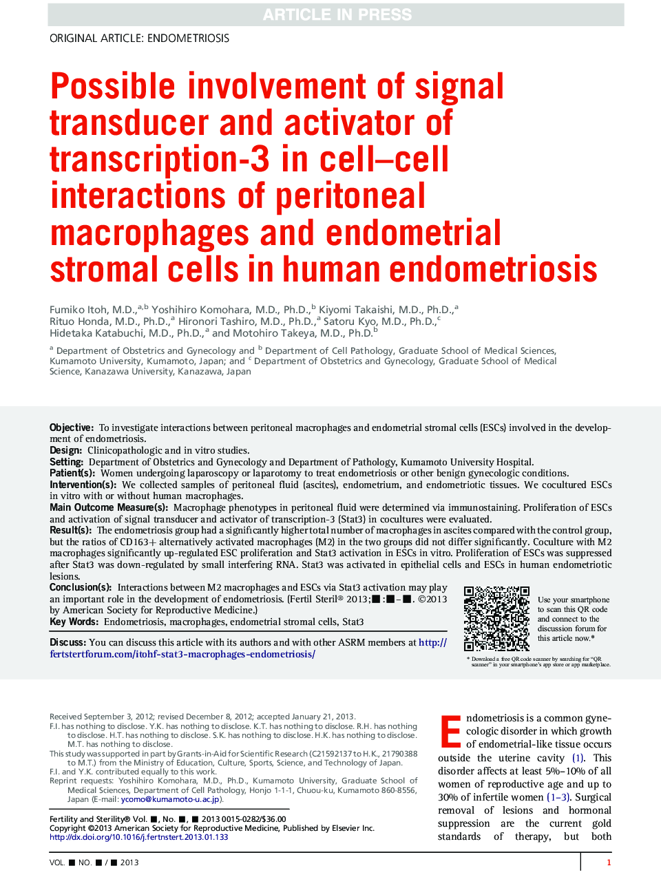 Possible involvement of signal transducer and activator of transcription-3 in cell-cell interactions of peritoneal macrophages and endometrial stromal cells in human endometriosis