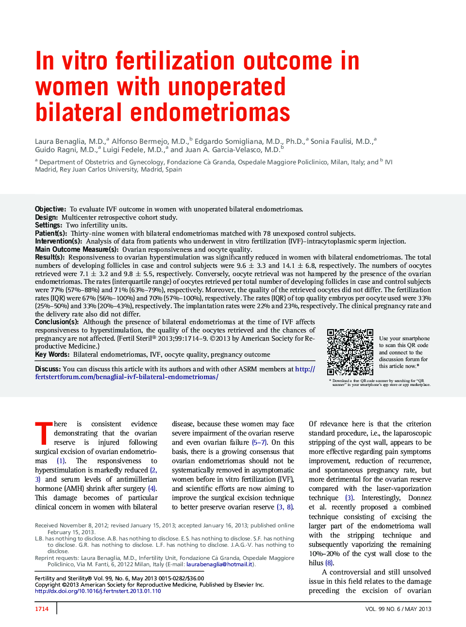 InÂ vitro fertilization outcome in women with unoperated bilateral endometriomas