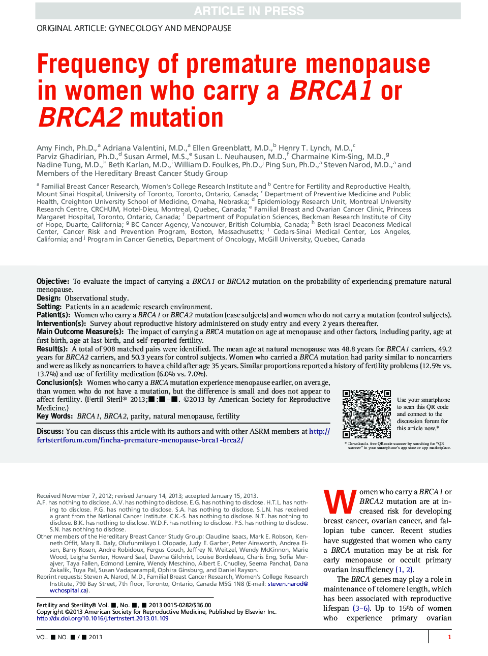 Frequency of premature menopause in women who carry a BRCA1 or BRCA2 mutation