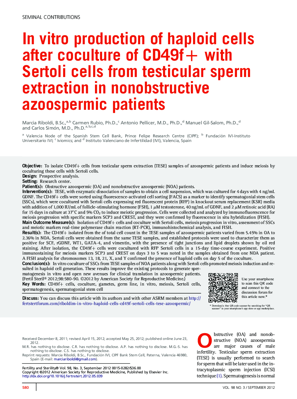 InÂ vitro production of haploid cells after coculture of CD49f+ with Sertoli cells from testicular sperm extraction in nonobstructive azoospermic patients