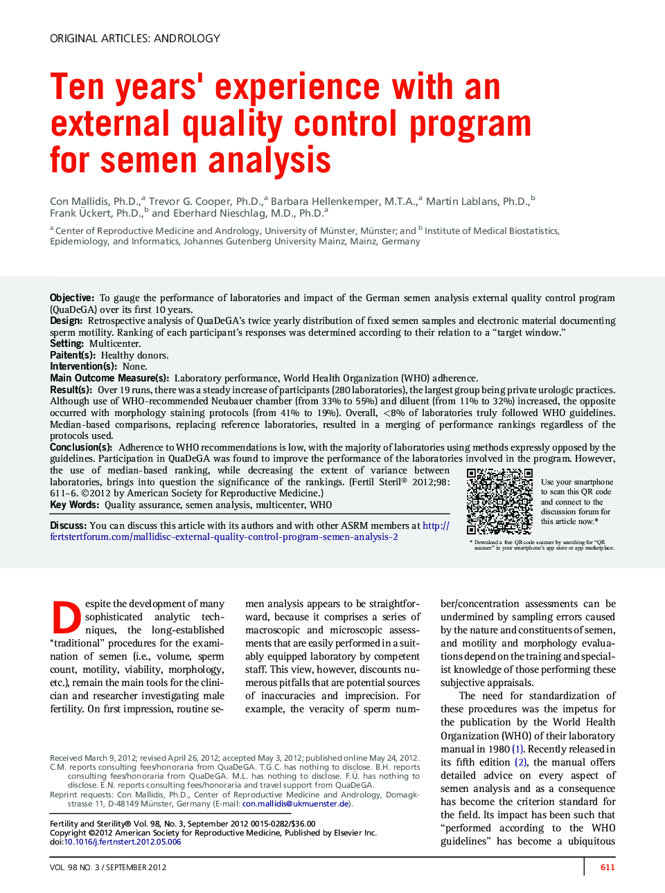 Ten years' experience with an external quality control program forÂ semen analysis