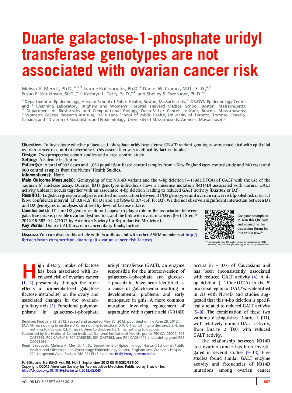 Duarte galactose-1-phosphate uridyl transferase genotypes are not associated with ovarian cancer risk