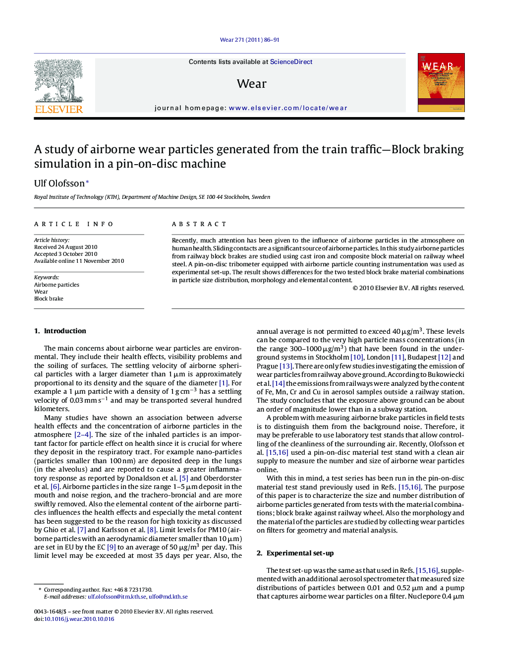 A study of airborne wear particles generated from the train traffic—Block braking simulation in a pin-on-disc machine