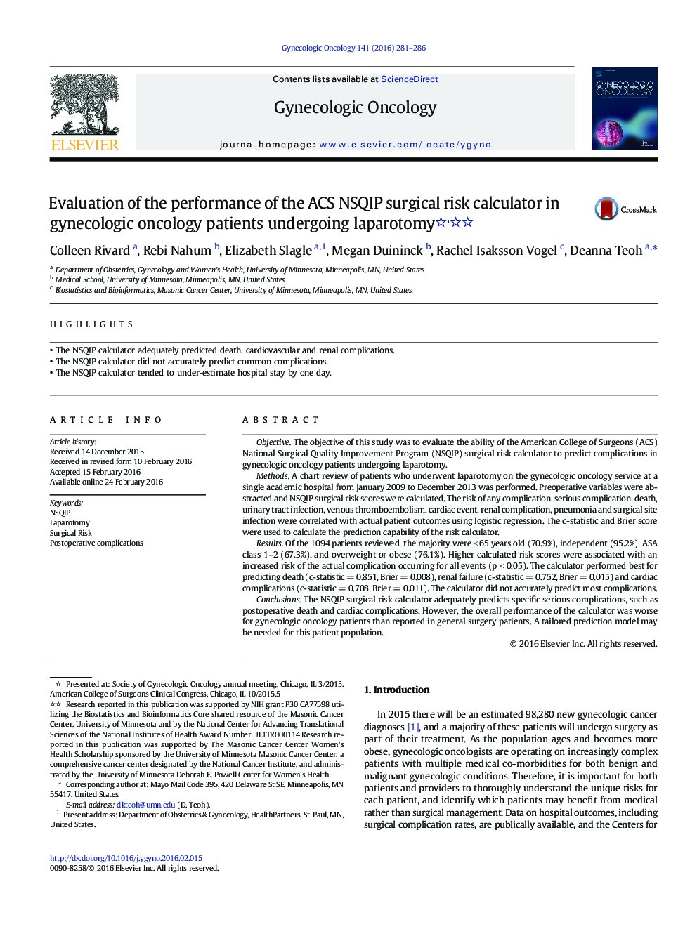 Evaluation of the performance of the ACS NSQIP surgical risk calculator in gynecologic oncology patients undergoing laparotomy