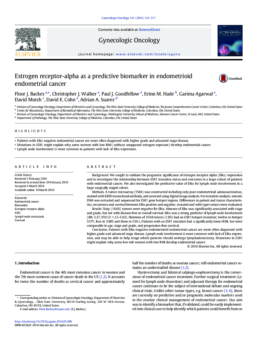 Estrogen receptor-alpha as a predictive biomarker in endometrioid endometrial cancer