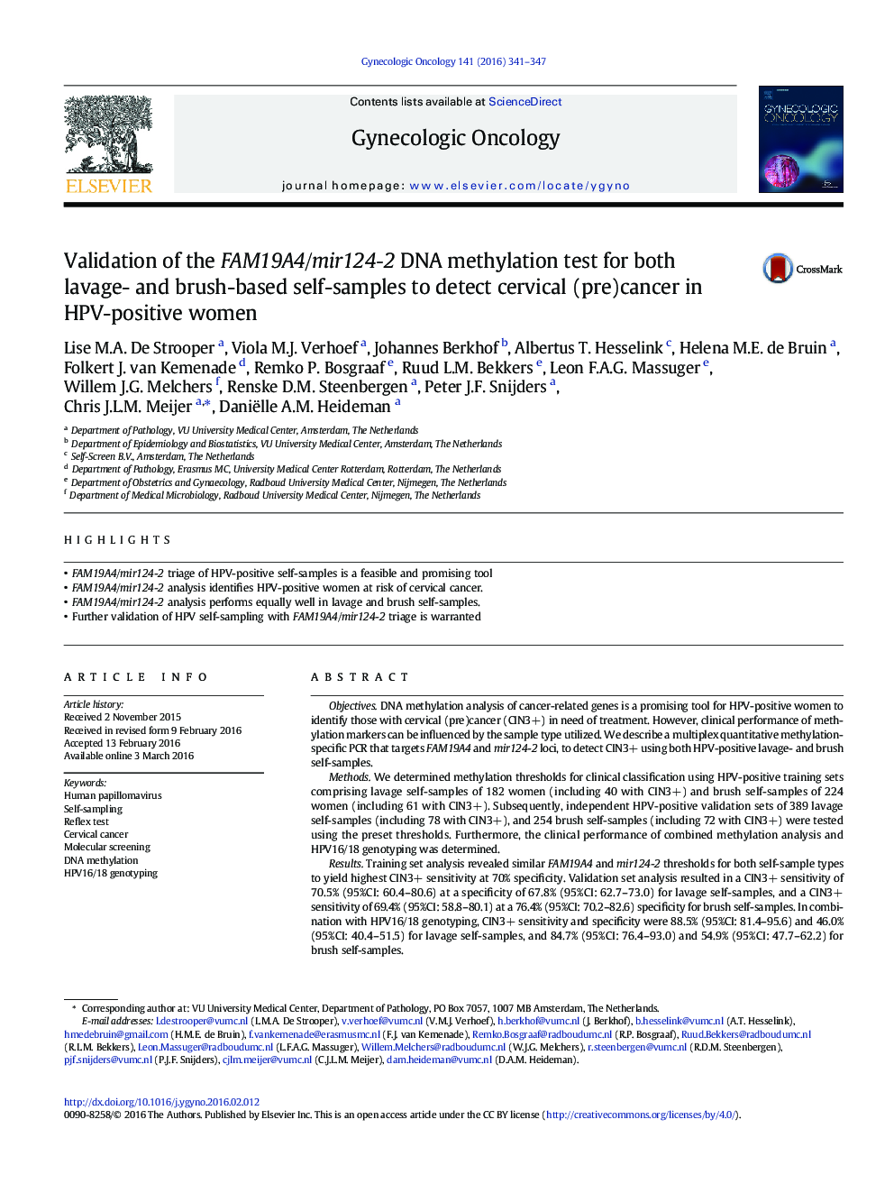 Validation of the FAM19A4/mir124-2 DNA methylation test for both lavage- and brush-based self-samples to detect cervical (pre)cancer in HPV-positive women