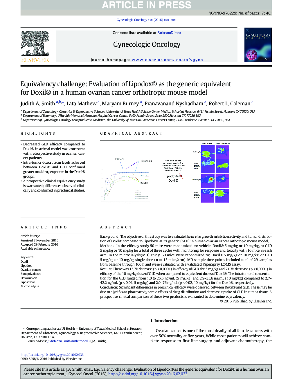 Equivalency challenge: Evaluation of Lipodox® as the generic equivalent for Doxil® in a human ovarian cancer orthotropic mouse model