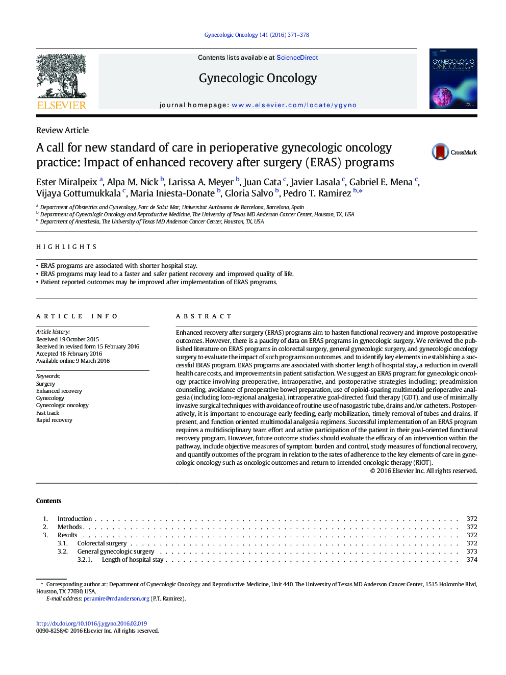 A call for new standard of care in perioperative gynecologic oncology practice: Impact of enhanced recovery after surgery (ERAS) programs