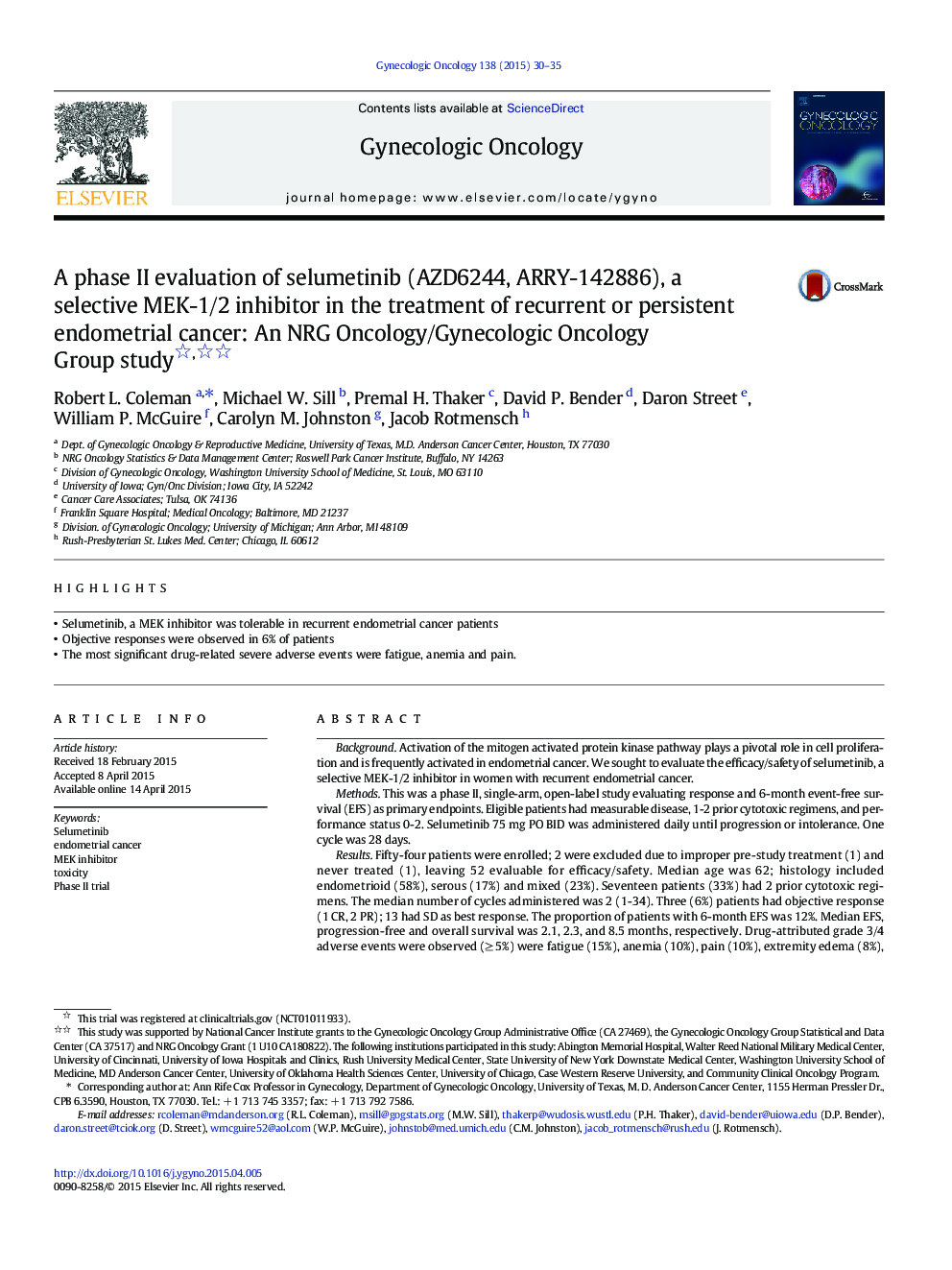 A phase II evaluation of selumetinib (AZD6244, ARRY-142886), a selective MEK-1/2 inhibitor in the treatment of recurrent or persistent endometrial cancer: An NRG Oncology/Gynecologic Oncology Group study