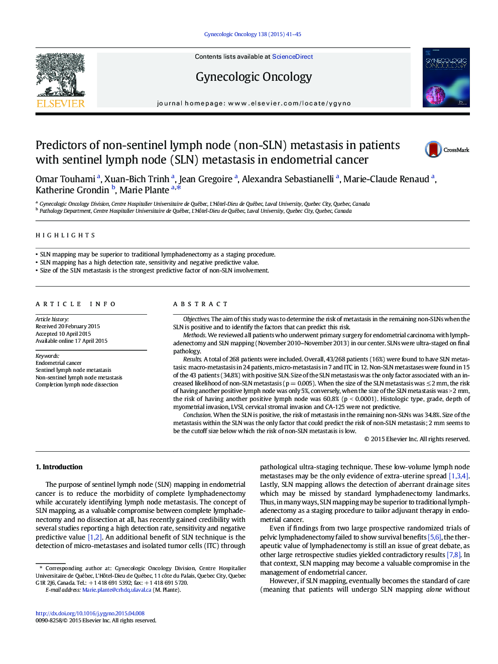 Predictors of non-sentinel lymph node (non-SLN) metastasis in patients with sentinel lymph node (SLN) metastasis in endometrial cancer