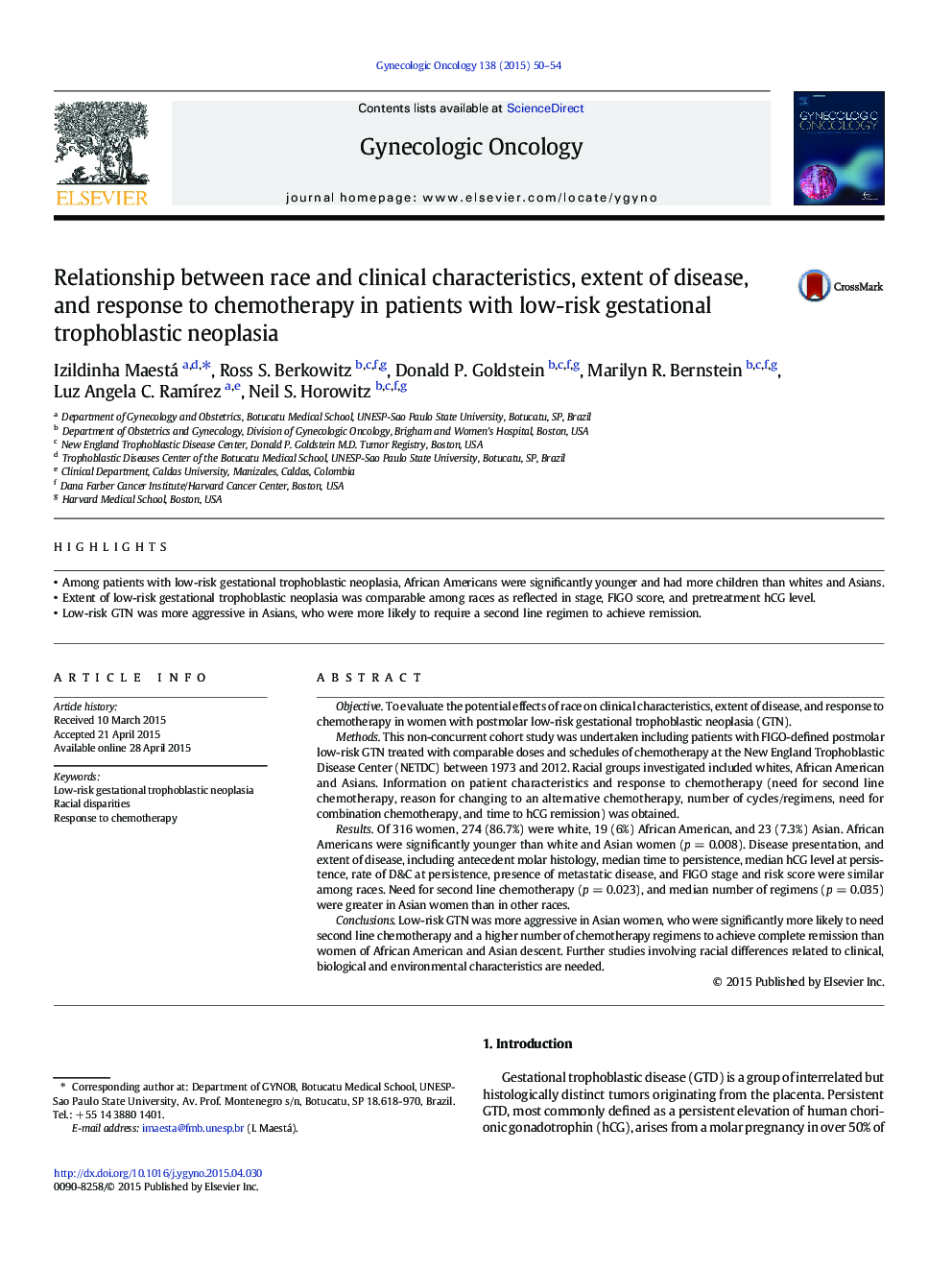 Relationship between race and clinical characteristics, extent of disease, and response to chemotherapy in patients with low-risk gestational trophoblastic neoplasia