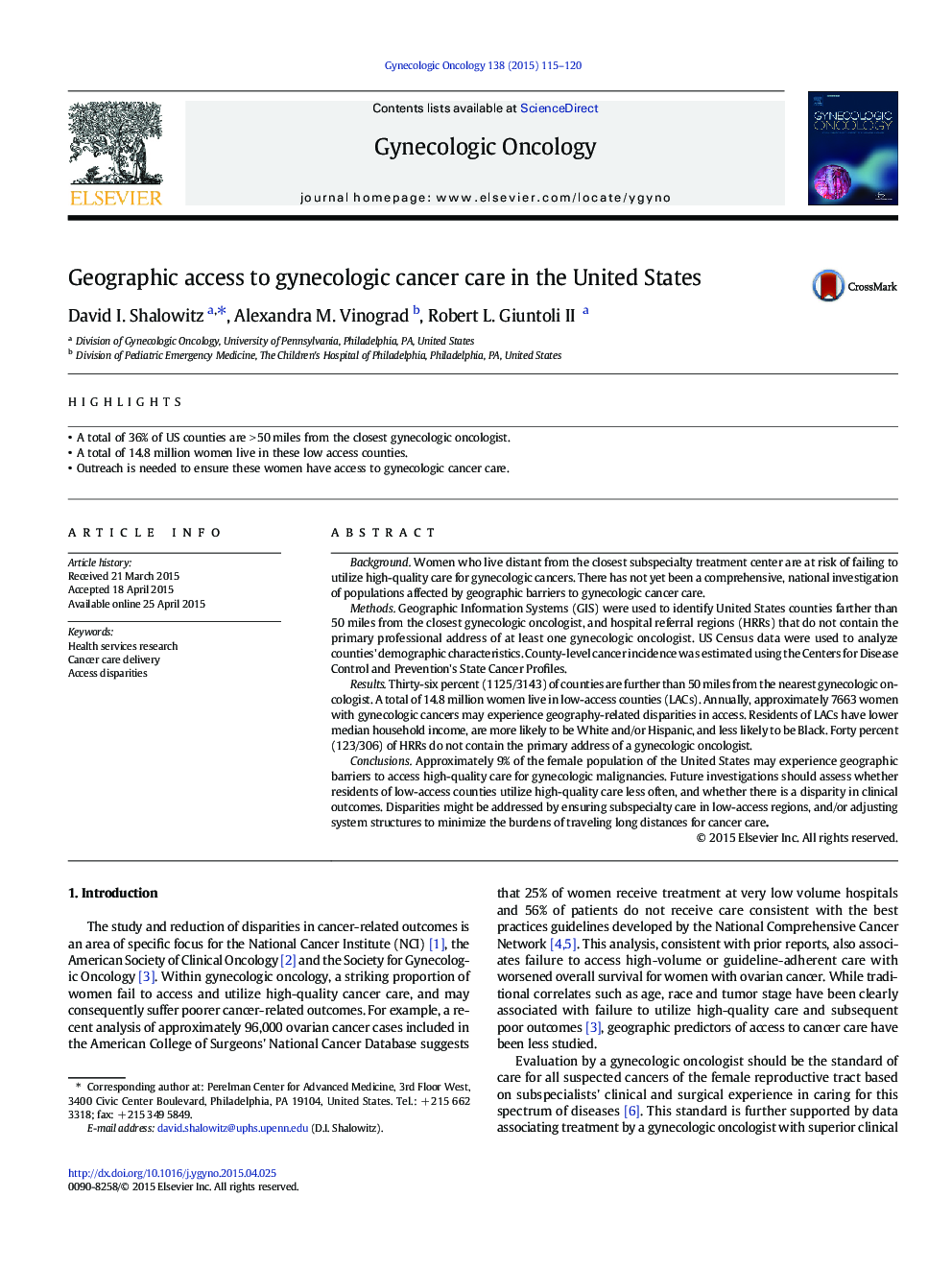 Geographic access to gynecologic cancer care in the United States