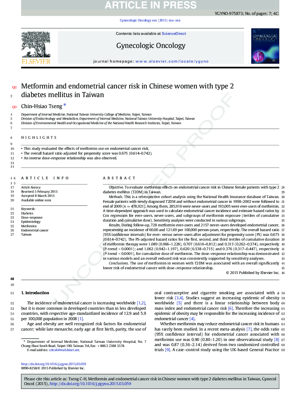 Metformin and endometrial cancer risk in Chinese women with type 2 diabetes mellitus in Taiwan