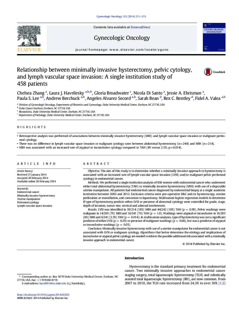 Relationship between minimally invasive hysterectomy, pelvic cytology, and lymph vascular space invasion: A single institution study of 458 patients