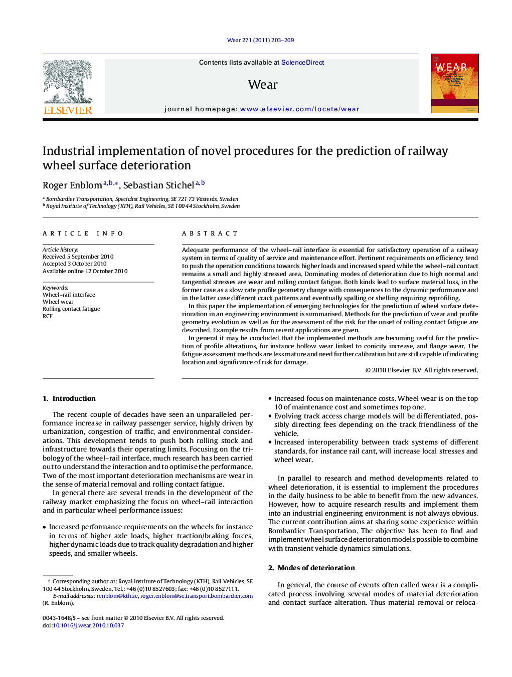 Industrial implementation of novel procedures for the prediction of railway wheel surface deterioration