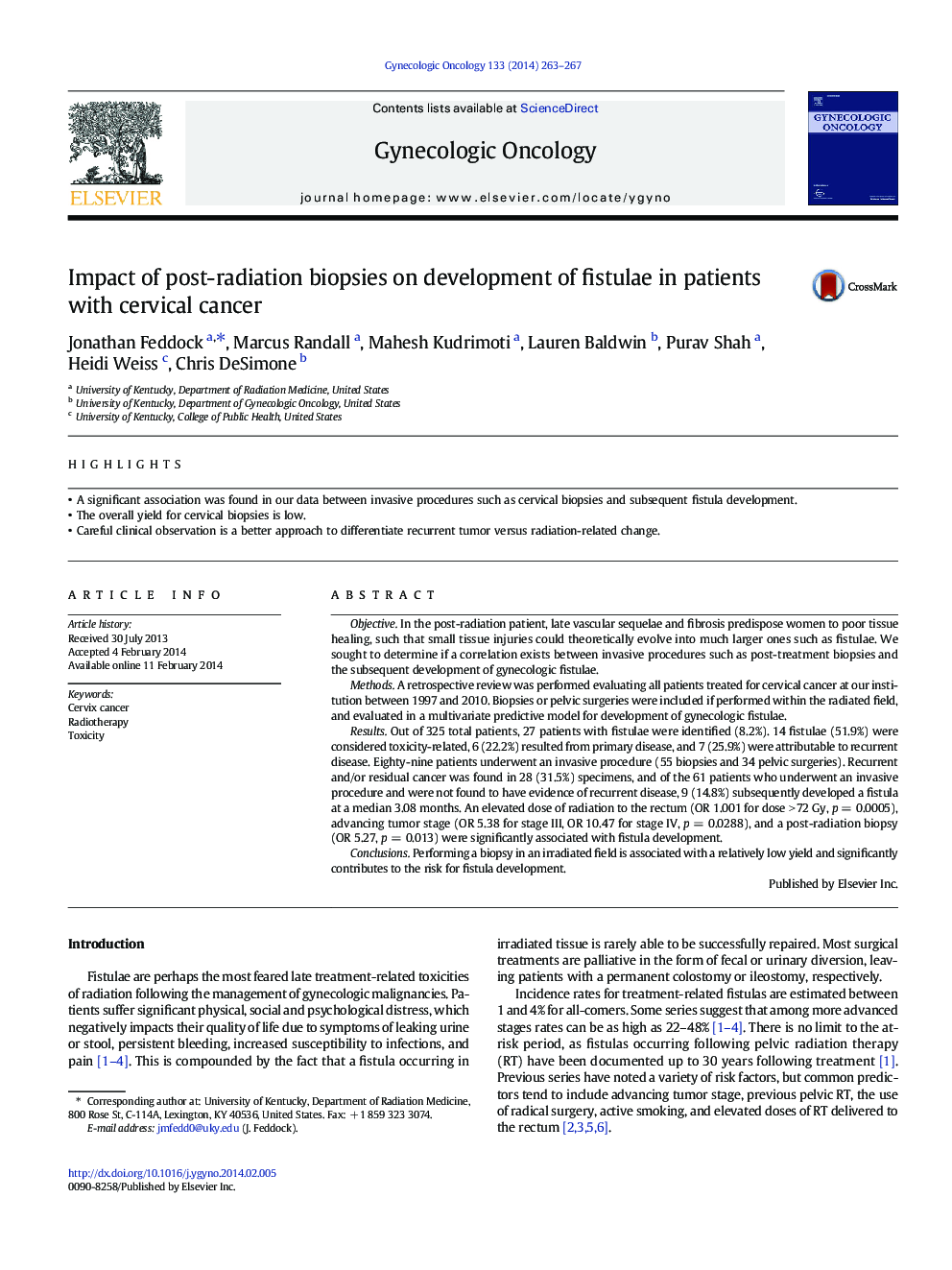 Impact of post-radiation biopsies on development of fistulae in patients with cervical cancer