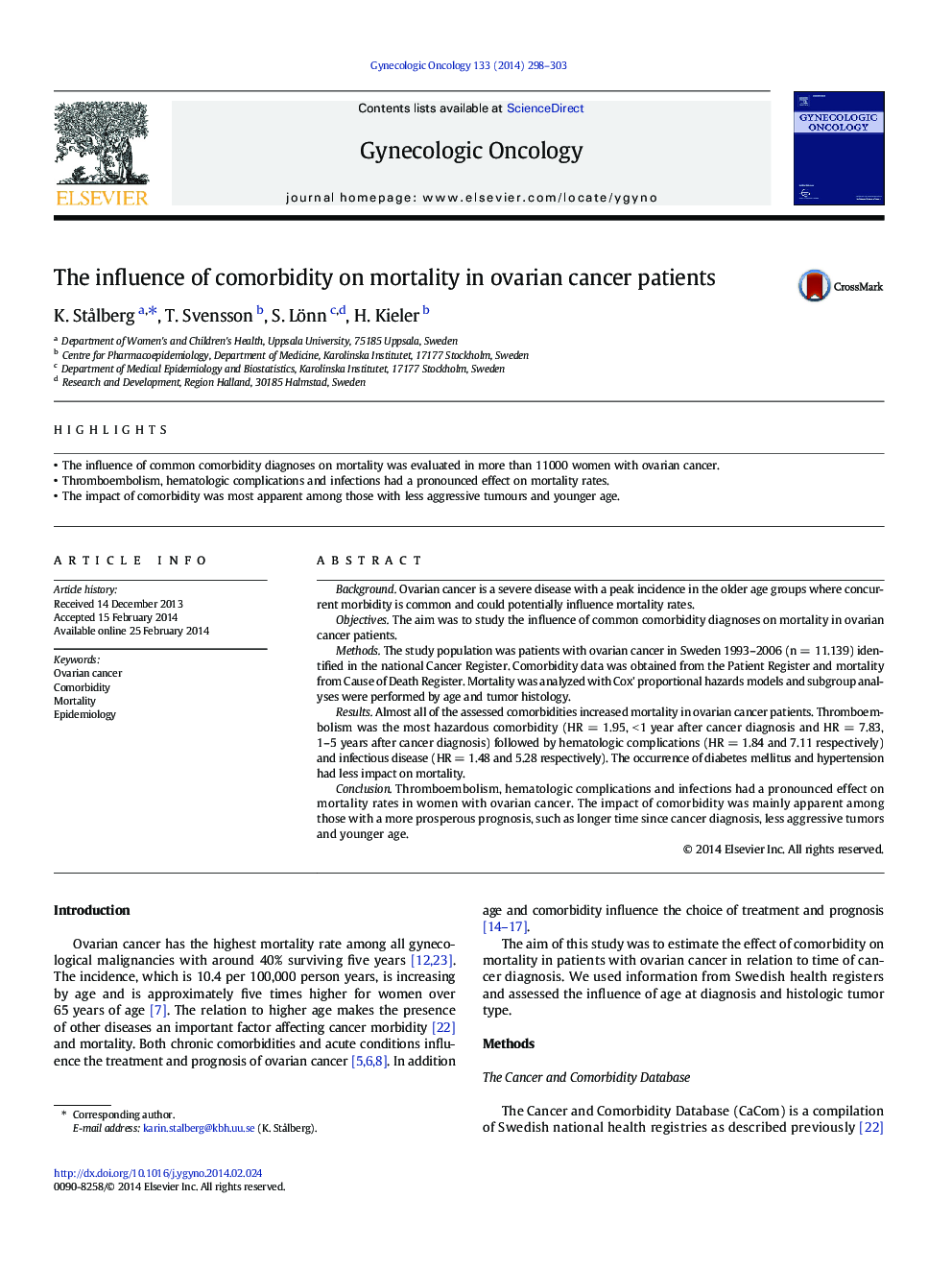 The influence of comorbidity on mortality in ovarian cancer patients
