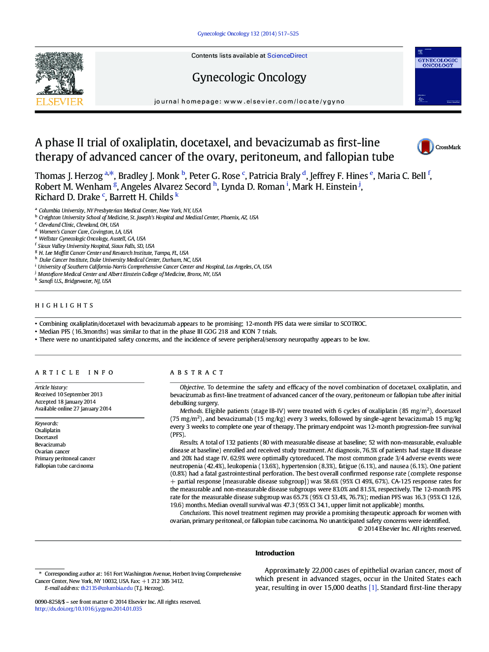 A phase II trial of oxaliplatin, docetaxel, and bevacizumab as first-line therapy of advanced cancer of the ovary, peritoneum, and fallopian tube