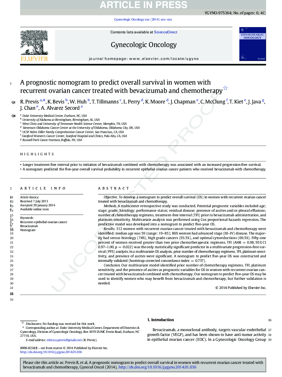 A prognostic nomogram to predict overall survival in women with recurrent ovarian cancer treated with bevacizumab and chemotherapy