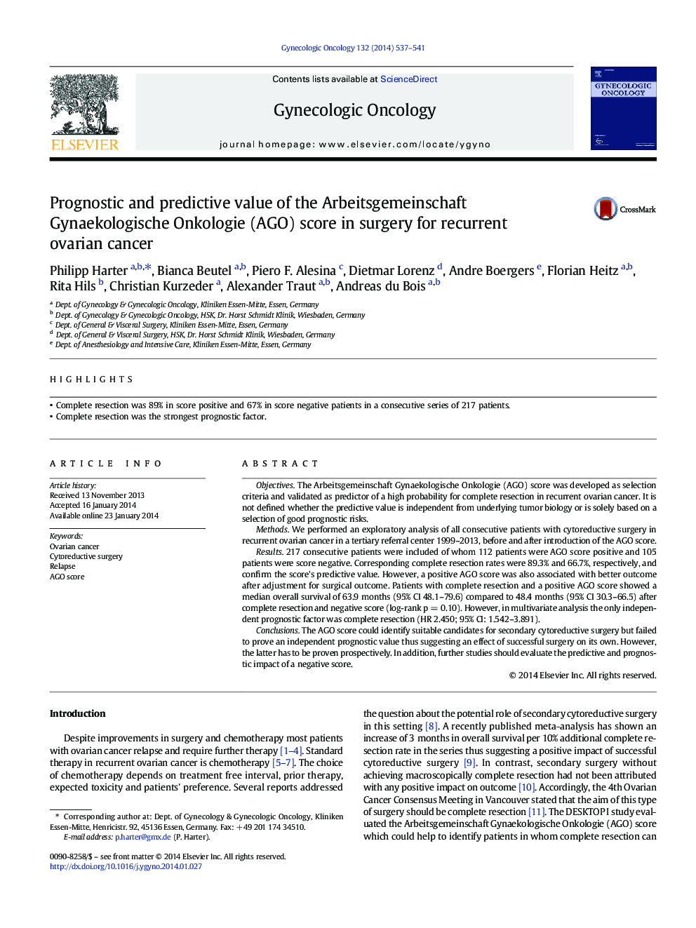Prognostic and predictive value of the Arbeitsgemeinschaft Gynaekologische Onkologie (AGO) score in surgery for recurrent ovarian cancer