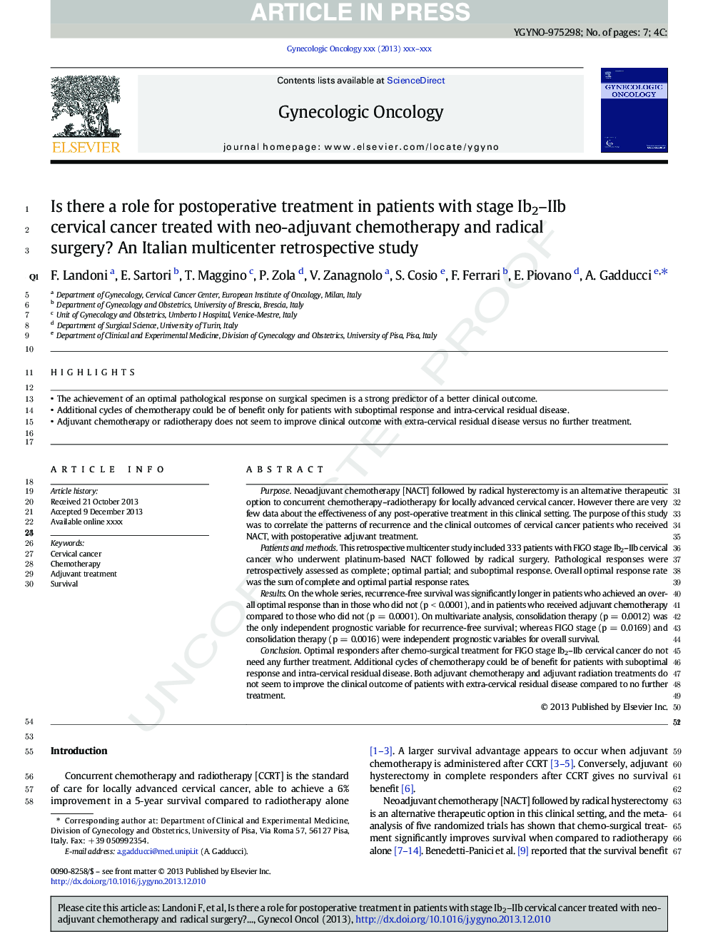 Is there a role for postoperative treatment in patients with stage Ib2-IIb cervical cancer treated with neo-adjuvant chemotherapy and radical surgery? An Italian multicenter retrospective study