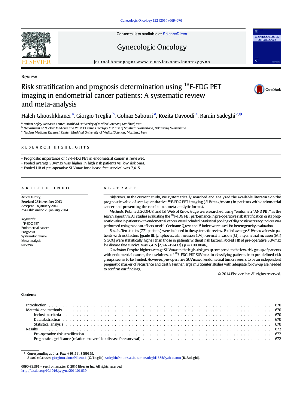 Risk stratification and prognosis determination using 18F-FDG PET imaging in endometrial cancer patients: A systematic review and meta-analysis