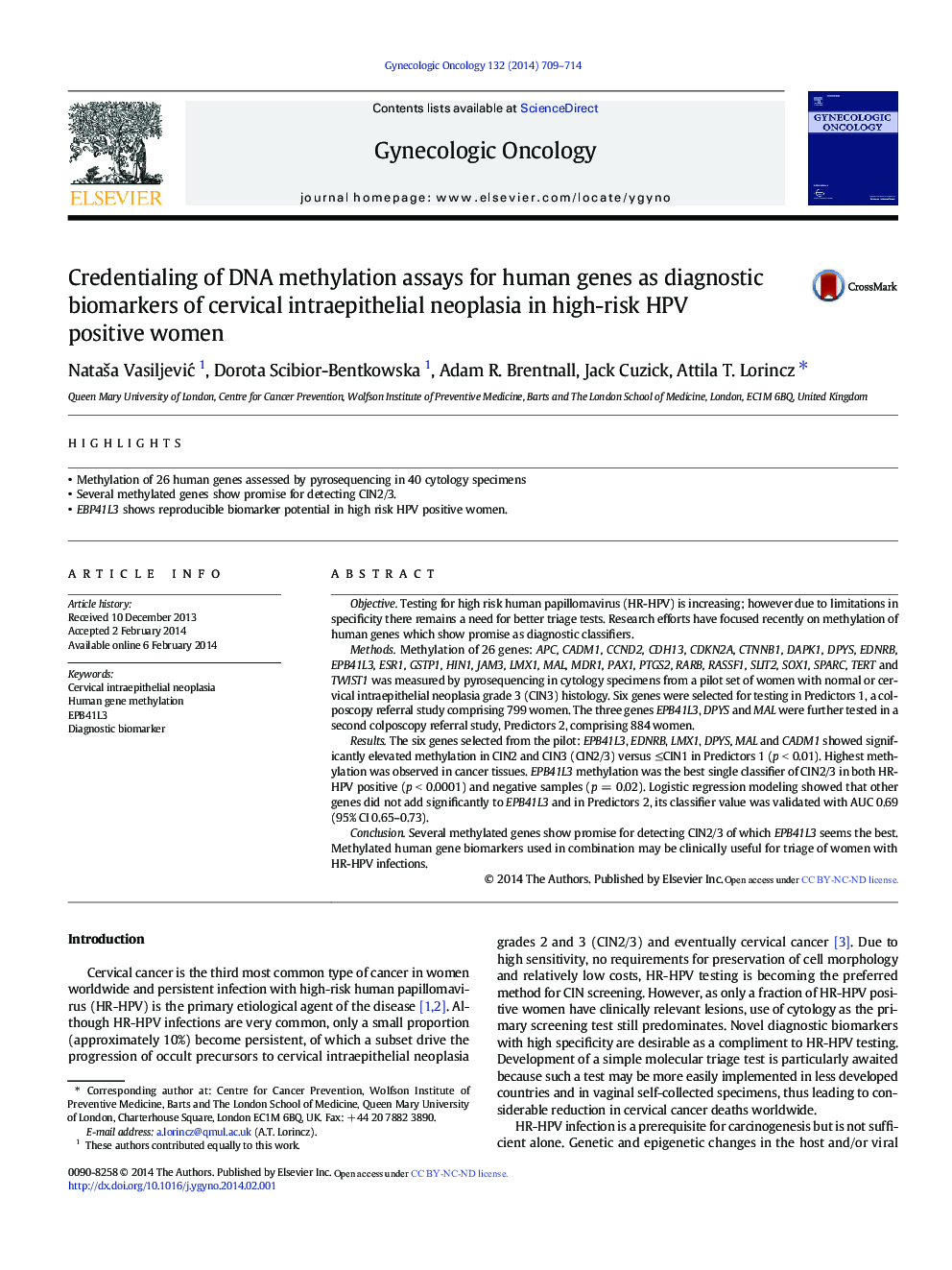 Credentialing of DNA methylation assays for human genes as diagnostic biomarkers of cervical intraepithelial neoplasia in high-risk HPV positive women