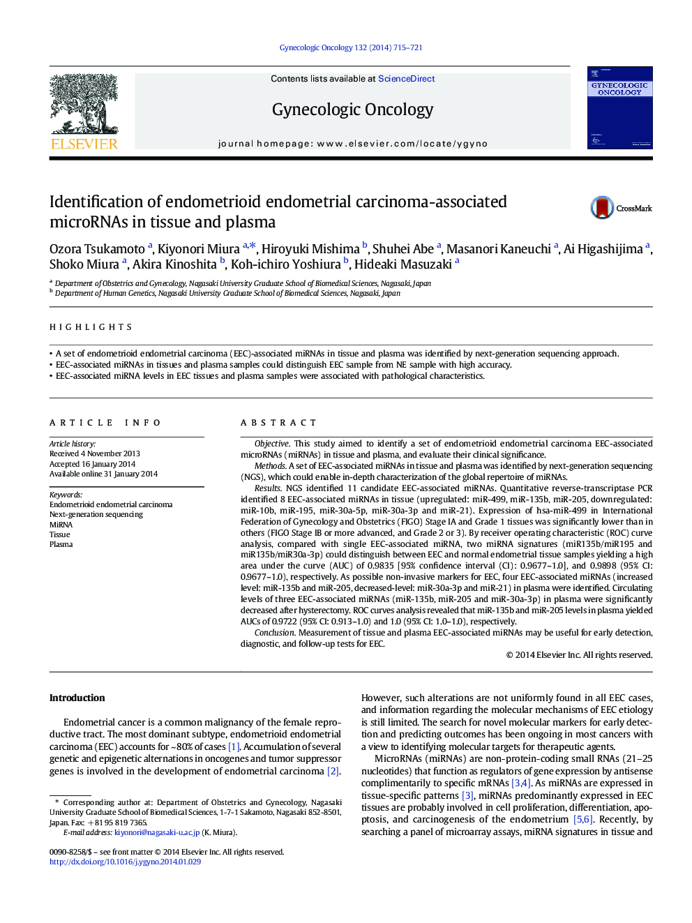 Identification of endometrioid endometrial carcinoma-associated microRNAs in tissue and plasma