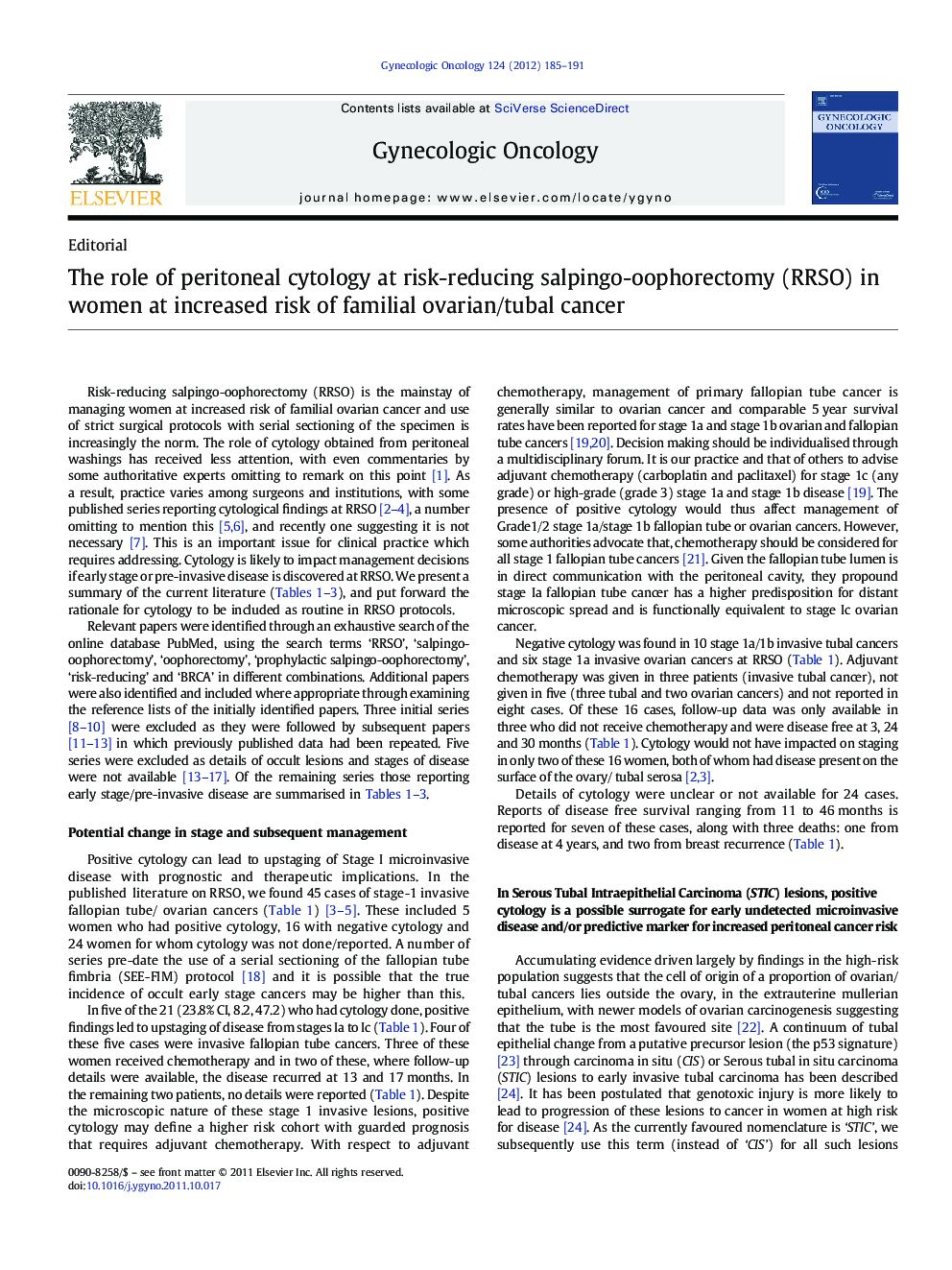 The role of peritoneal cytology at risk-reducing salpingo-oophorectomy (RRSO) in women at increased risk of familial ovarian/tubal cancer