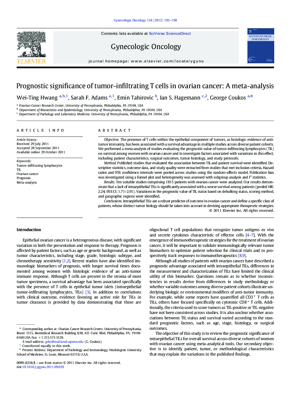 Prognostic significance of tumor-infiltrating T cells in ovarian cancer: A meta-analysis