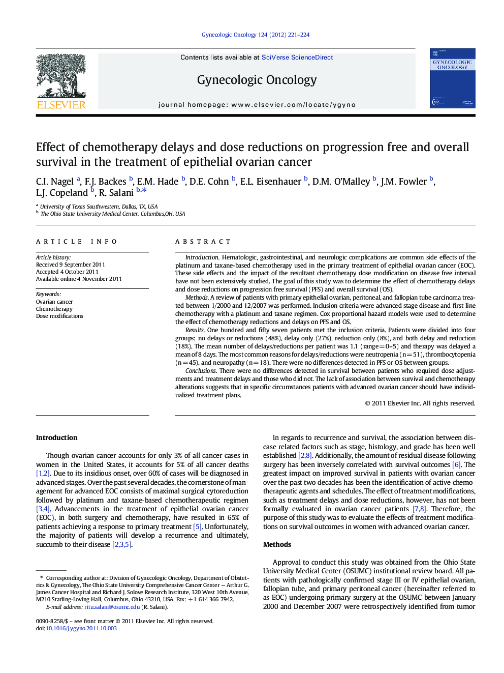 Effect of chemotherapy delays and dose reductions on progression free and overall survival in the treatment of epithelial ovarian cancer
