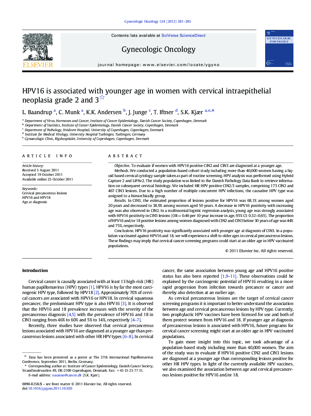 HPV16 is associated with younger age in women with cervical intraepithelial neoplasia grade 2 and 3