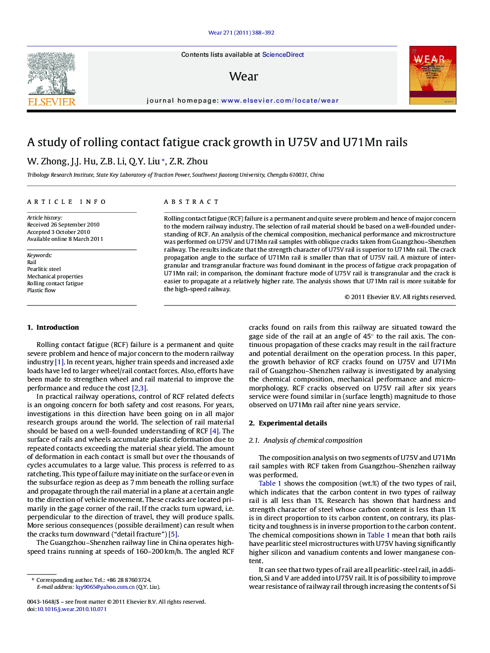 A study of rolling contact fatigue crack growth in U75V and U71Mn rails