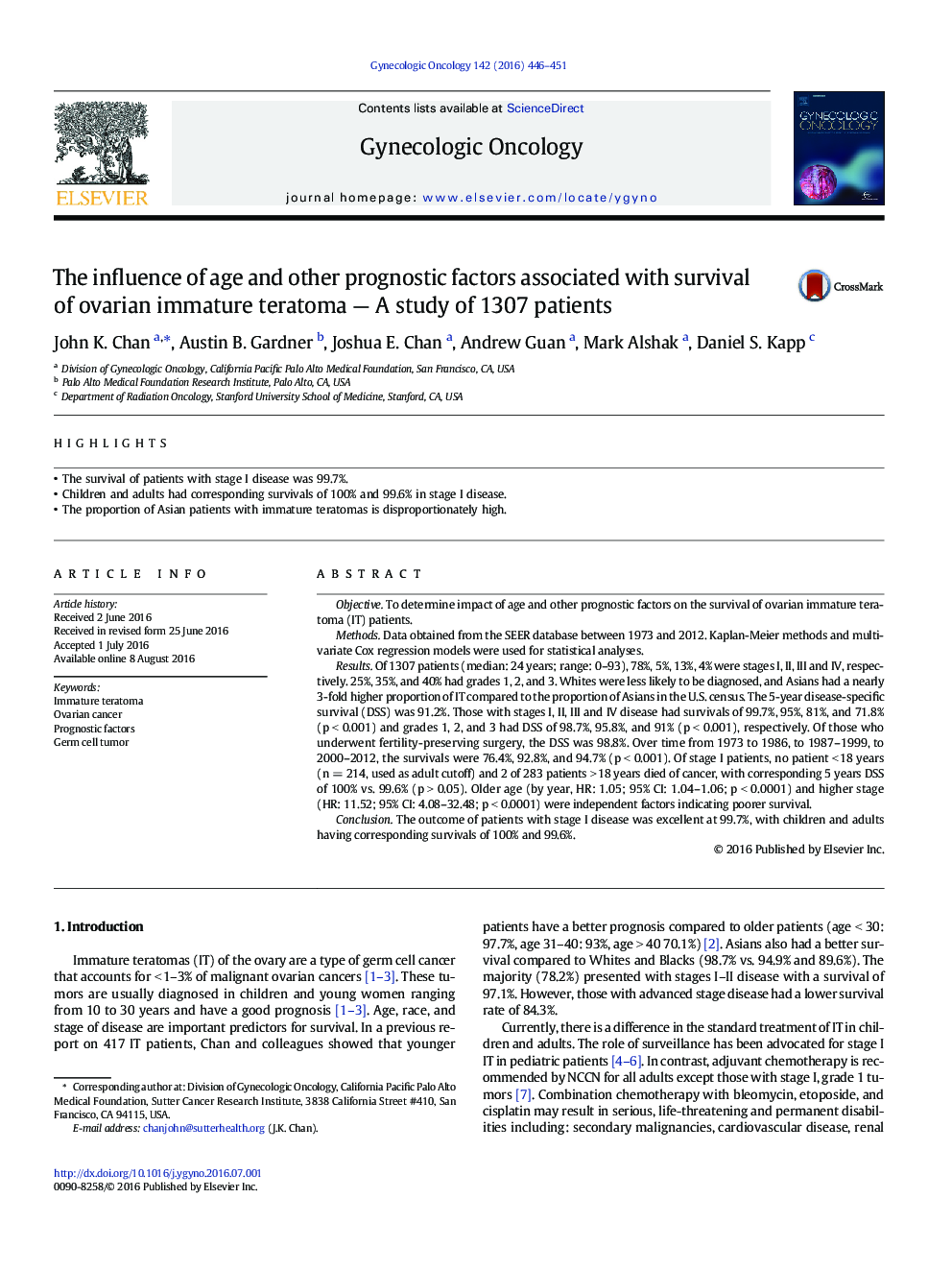 The influence of age and other prognostic factors associated with survival of ovarian immature teratoma - A study of 1307 patients