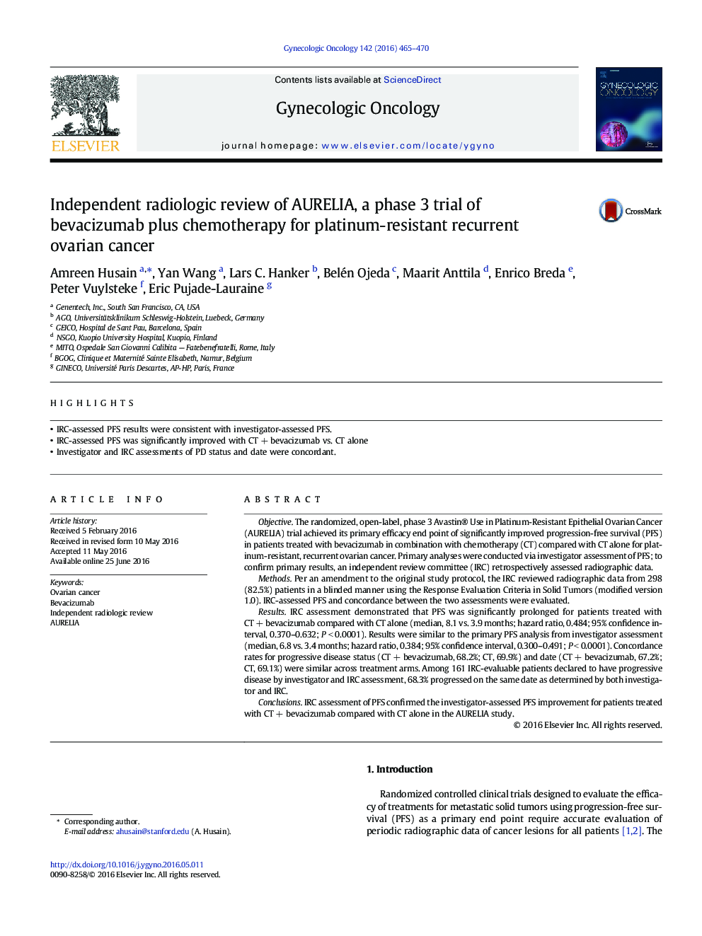 Independent radiologic review of AURELIA, a phase 3 trial of bevacizumab plus chemotherapy for platinum-resistant recurrent ovarian cancer