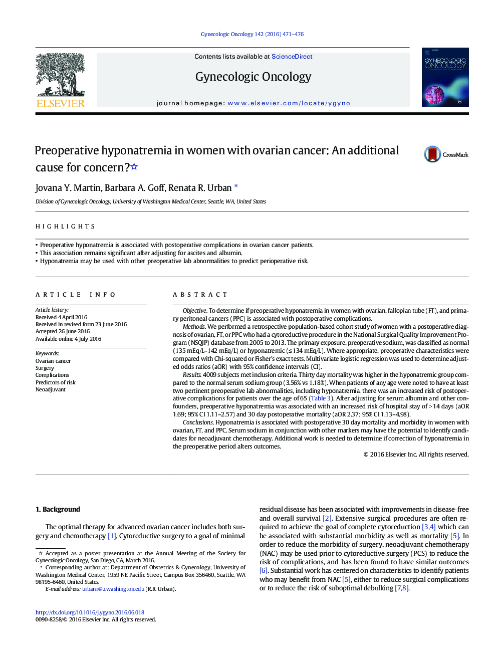 Preoperative hyponatremia in women with ovarian cancer: An additional cause for concern?