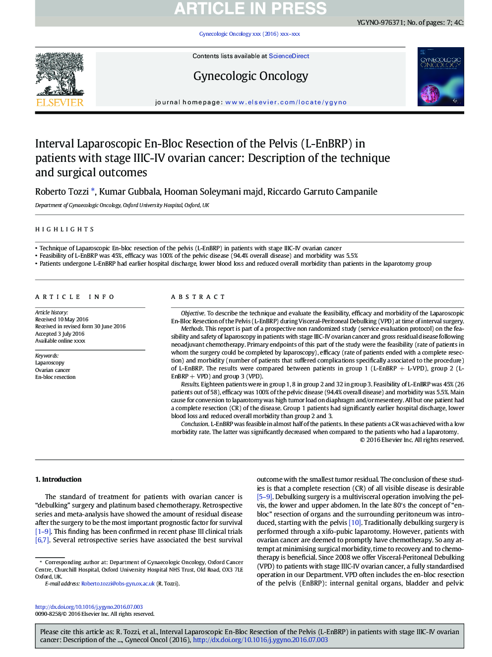 Interval Laparoscopic En-Bloc Resection of the Pelvis (L-EnBRP) in patients with stage IIIC-IV ovarian cancer: Description of the technique and surgical outcomes