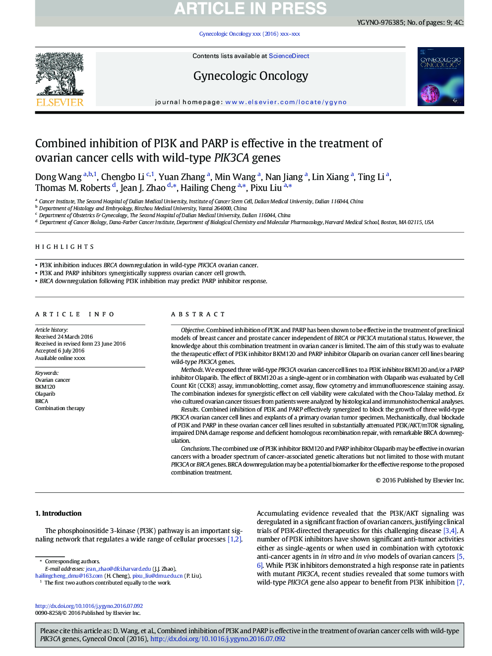 Combined inhibition of PI3K and PARP is effective in the treatment of ovarian cancer cells with wild-type PIK3CA genes