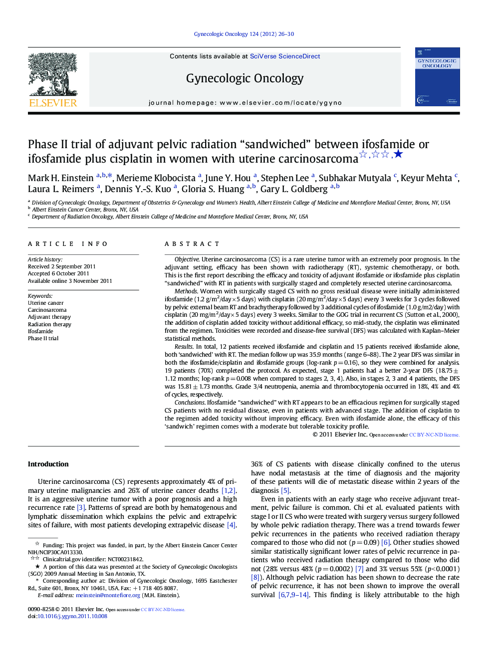 Phase II trial of adjuvant pelvic radiation “sandwiched” between ifosfamide or ifosfamide plus cisplatin in women with uterine carcinosarcomaâ