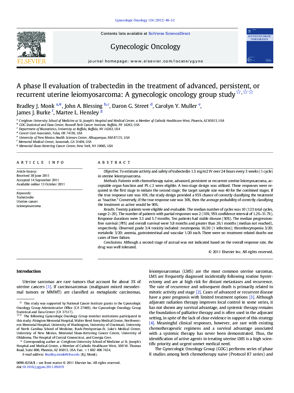 A phase II evaluation of trabectedin in the treatment of advanced, persistent, or recurrent uterine leiomyosarcoma: A gynecologic oncology group study