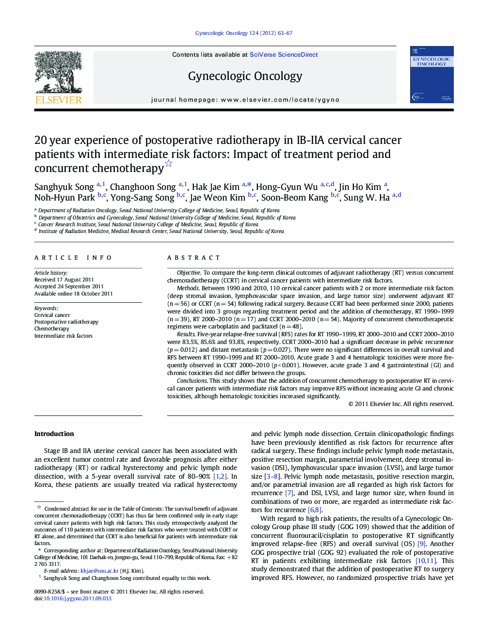 20Â year experience of postoperative radiotherapy in IB-IIA cervical cancer patients with intermediate risk factors: Impact of treatment period and concurrent chemotherapy