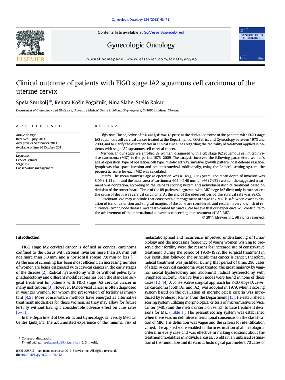 Clinical outcome of patients with FIGO stage IA2 squamous cell carcinoma of the uterine cervix
