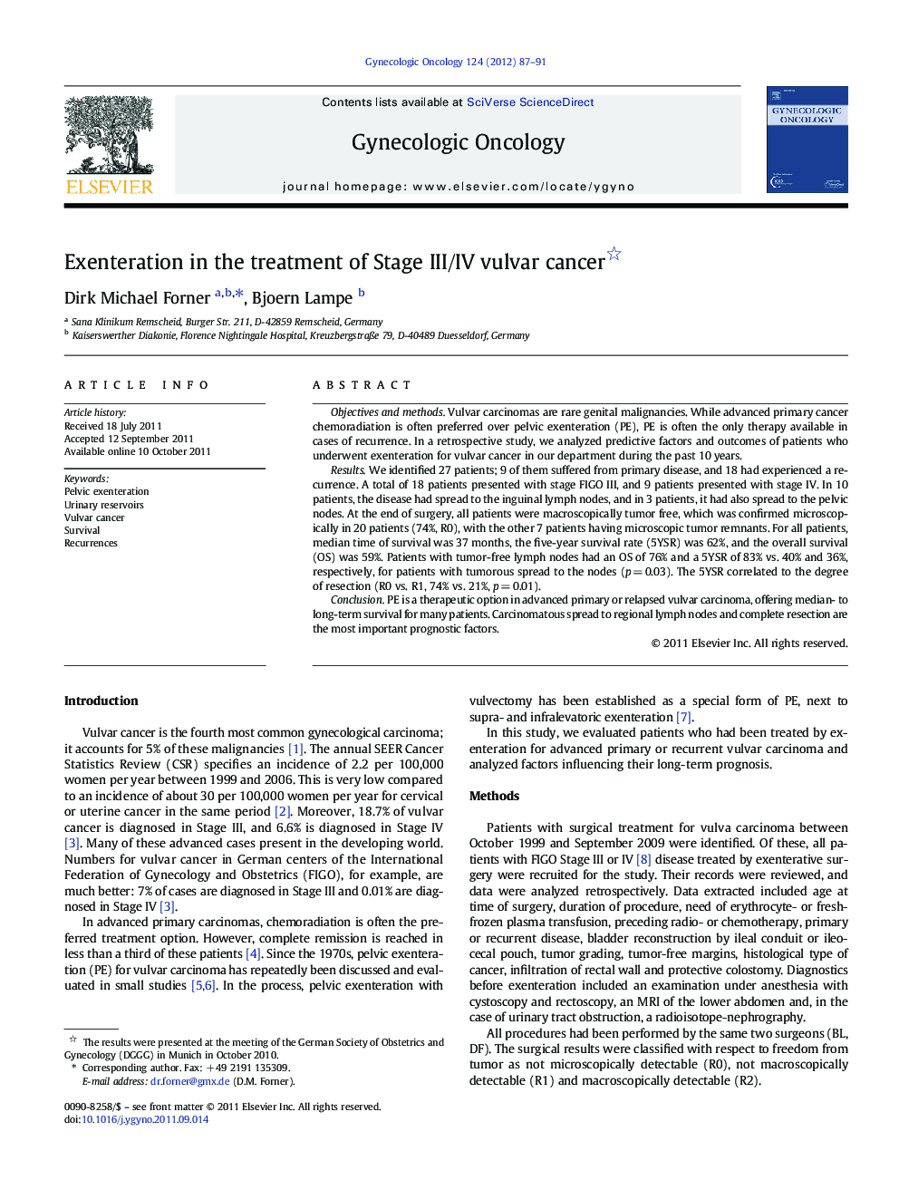 Exenteration in the treatment of Stage III/IV vulvar cancer